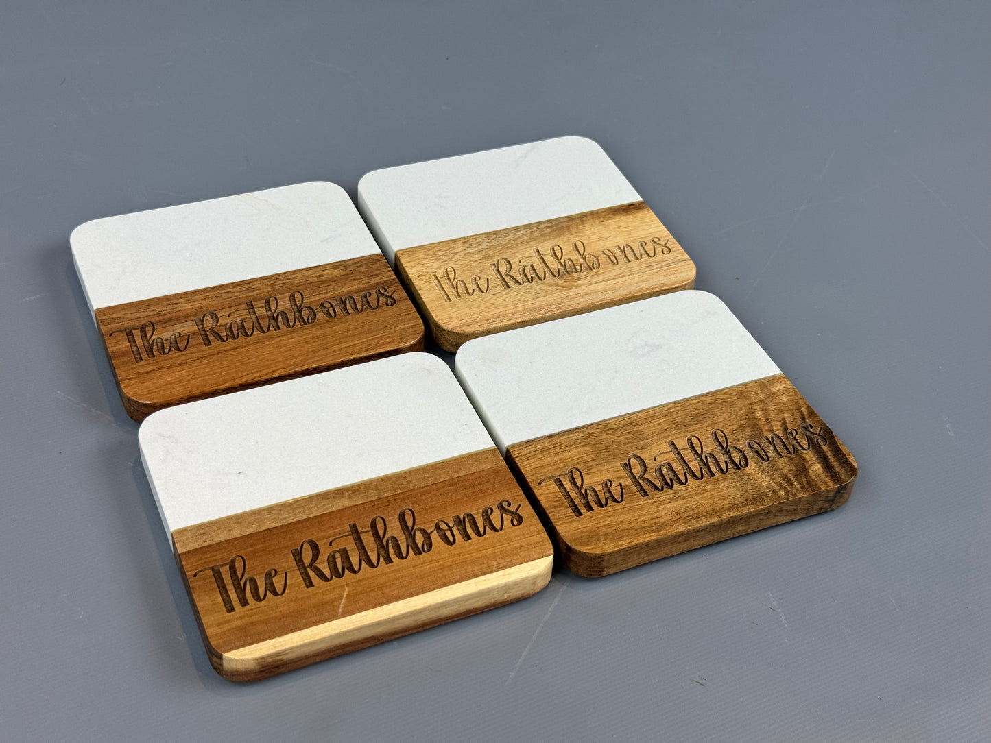 Personalized Acacia Wood & Marble Coasters - Set of 4, Perfect for Closing Gifts