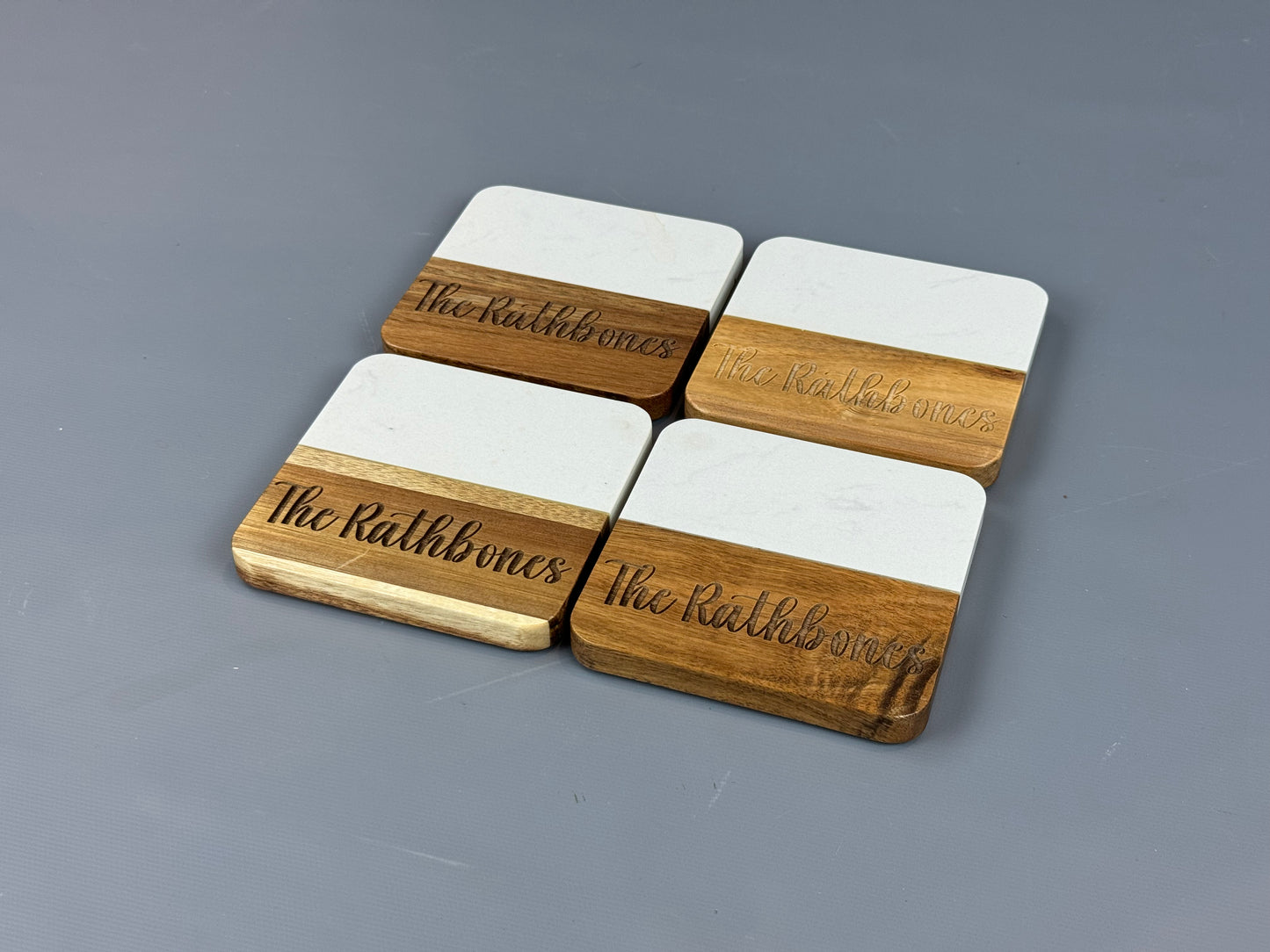 Personalized Acacia Wood & Marble Coasters - Set of 4, Perfect for Closing Gifts
