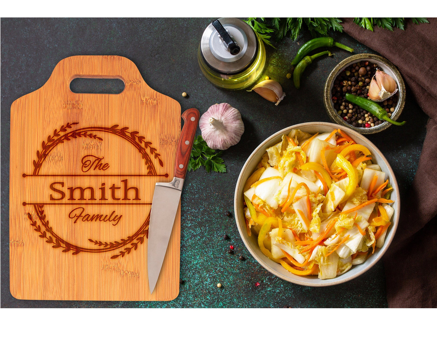 Personalized Wood Cutting Board with Handle Wedding Gift, Custom Engraved Bamboo Chopping Block, Custom Last Name Anniversary Gift