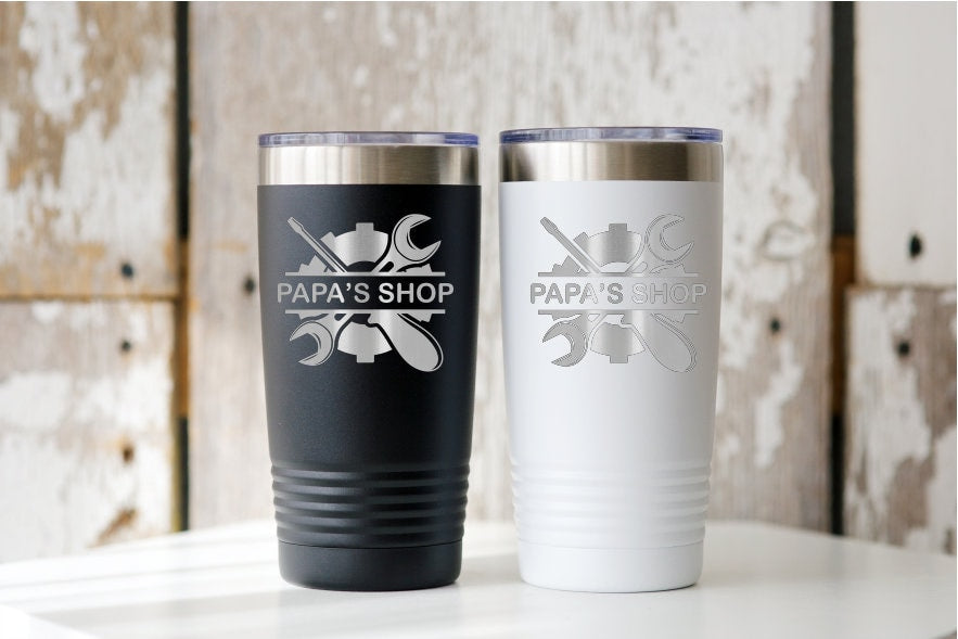 Personalized 20oz Laser Engraved Tumbler - Papa's Shop Father's Day Gift - Garage Tools Design