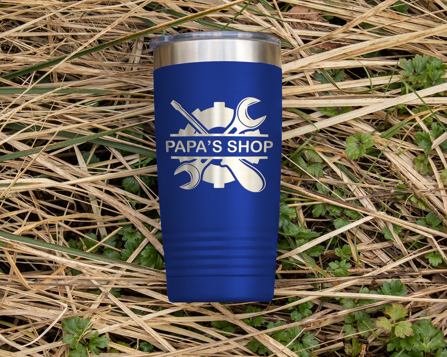 Personalized 20oz Laser Engraved Tumbler - Papa's Shop Father's Day Gift - Garage Tools Design