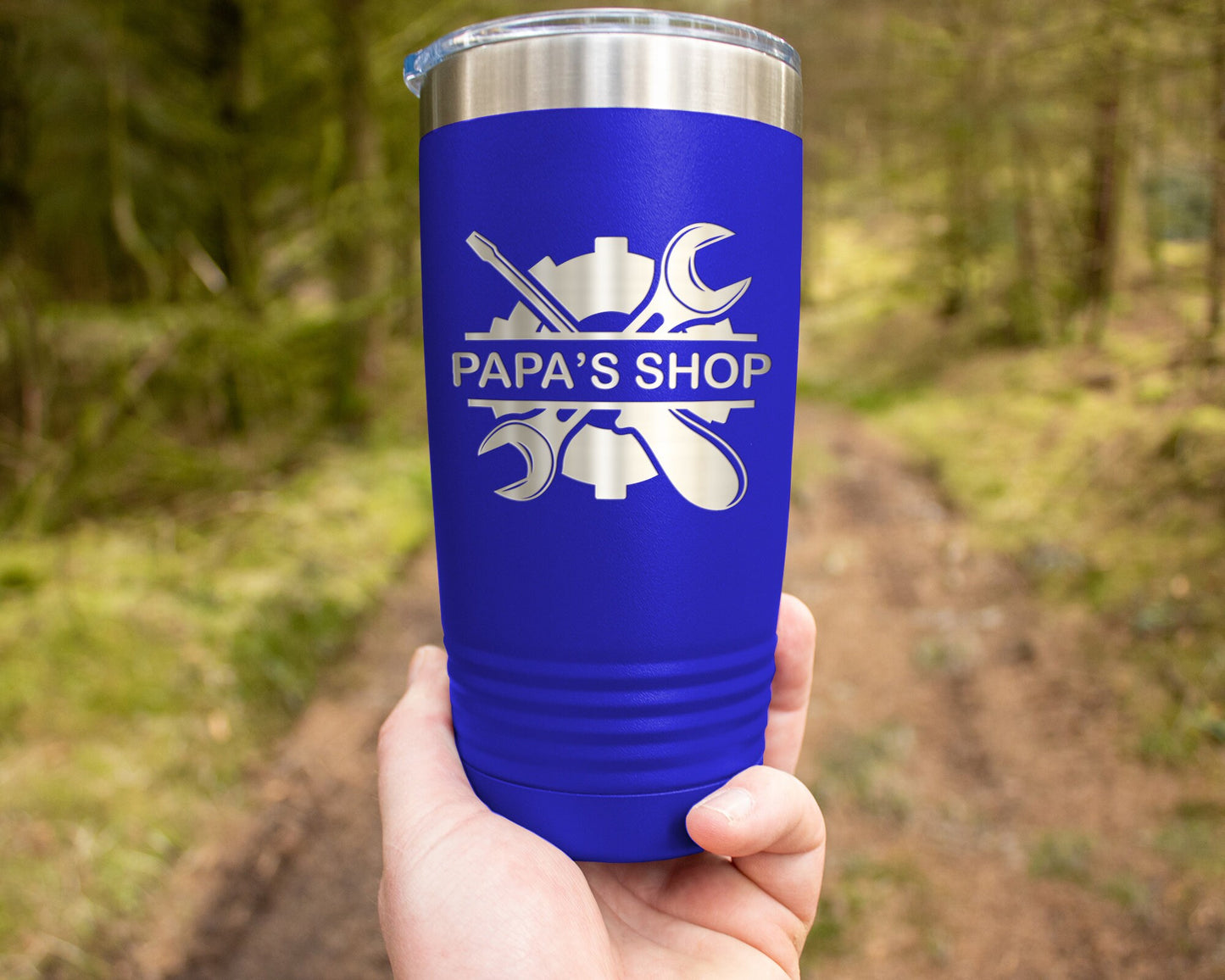 Personalized 20oz Laser Engraved Tumbler - Papa's Shop Father's Day Gift - Garage Tools Design