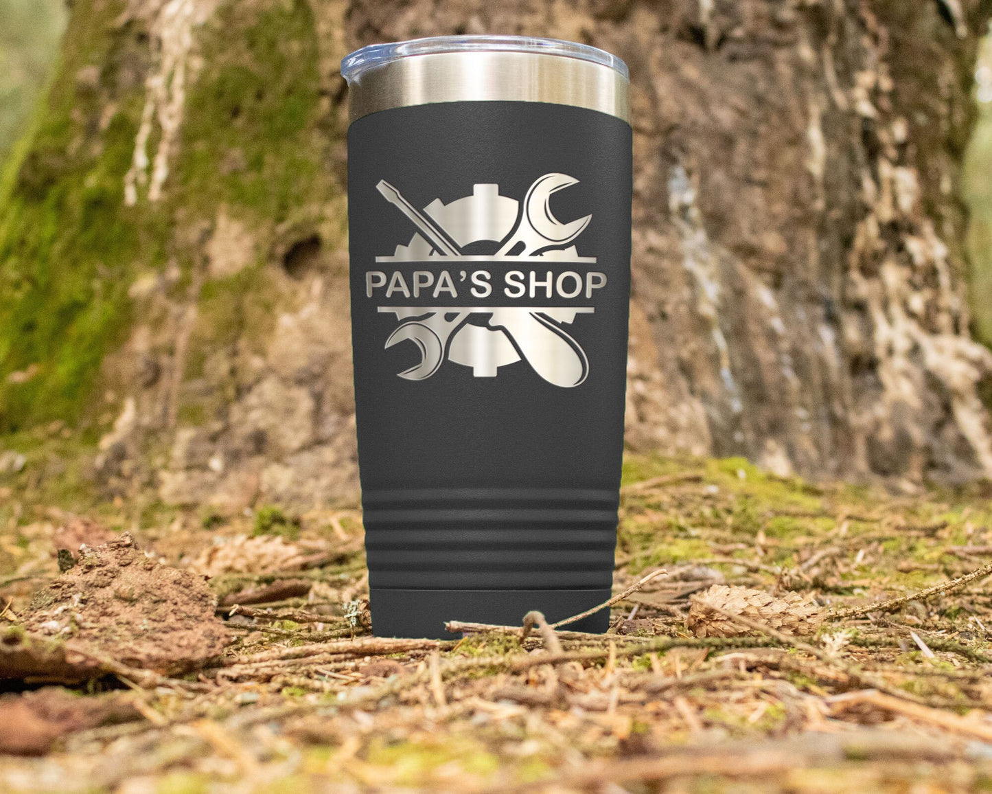 Personalized 20oz Laser Engraved Tumbler - Papa's Shop Father's Day Gift - Garage Tools Design