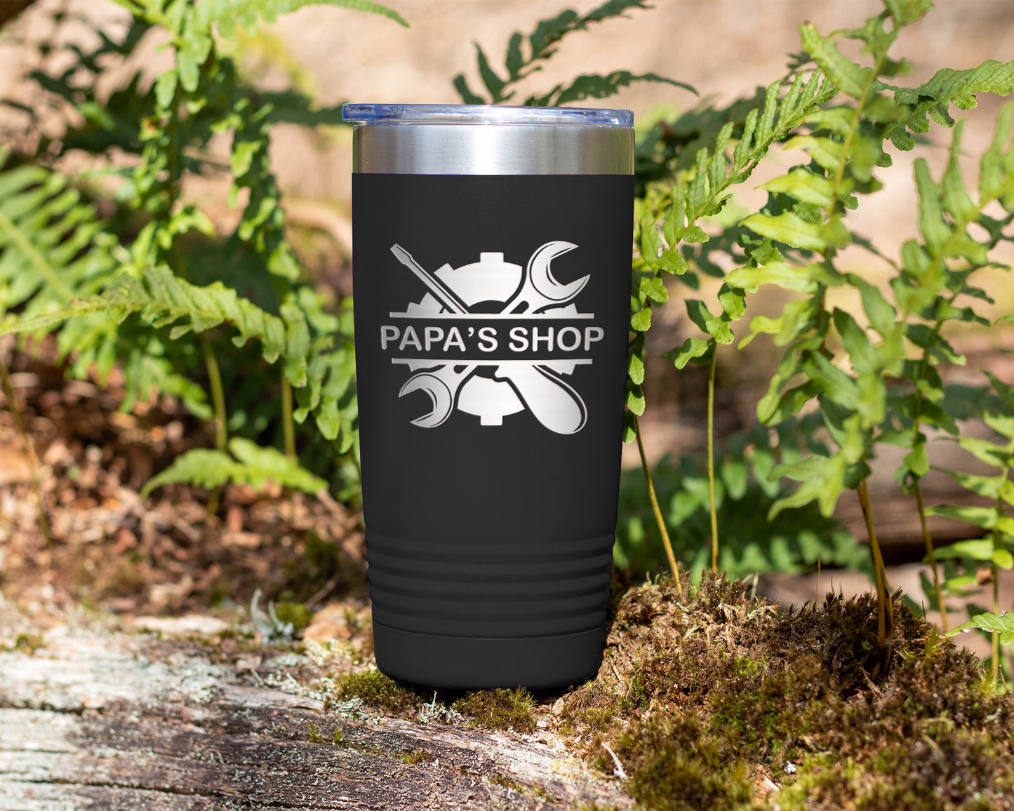 Personalized 20oz Laser Engraved Tumbler - Papa's Shop Father's Day Gift - Garage Tools Design