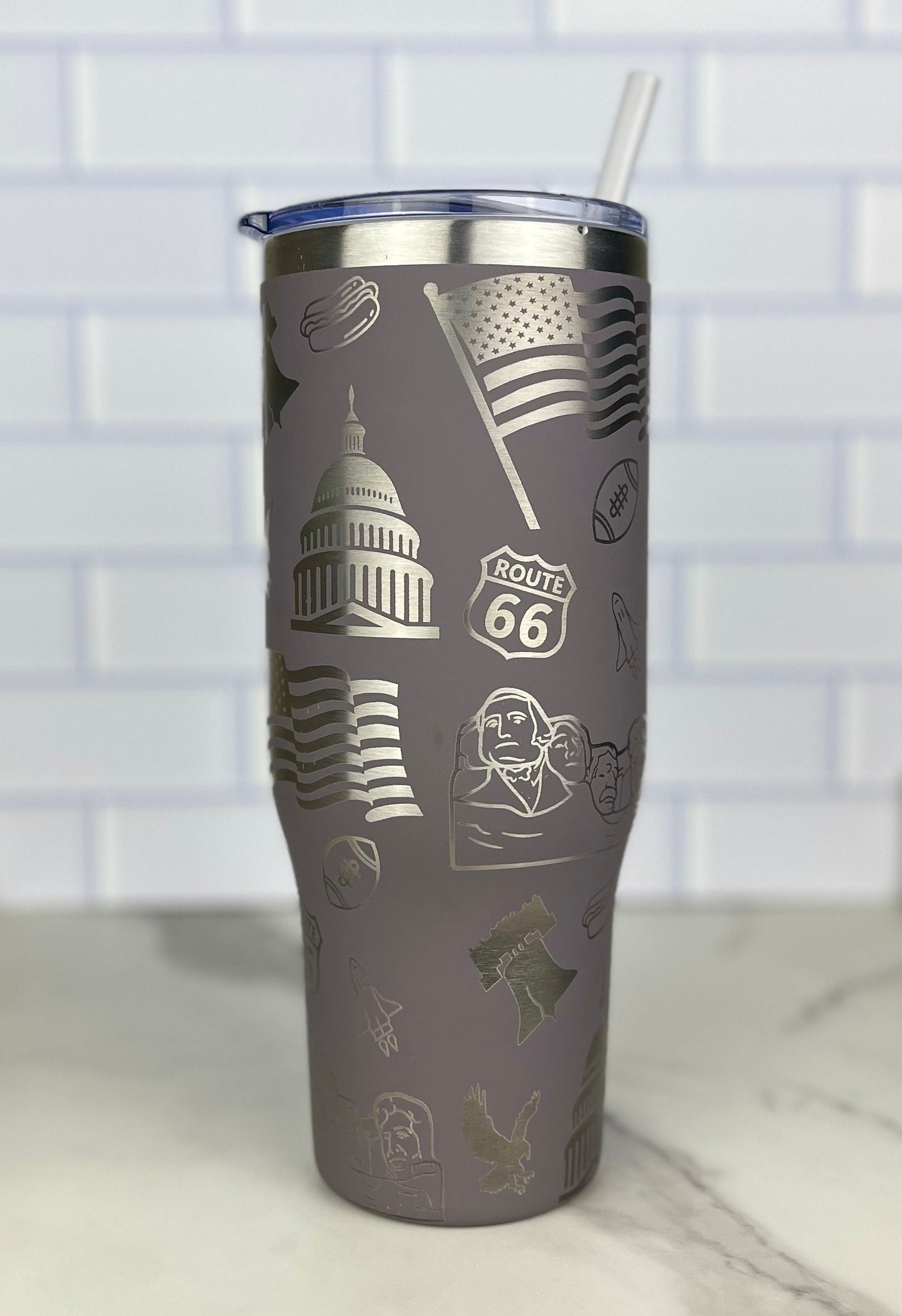 Patriotic Laser Engraved 40oz Tumbler - American Flag, Capital, Bald Eagle, Football - USA Independence Day Gift - America-Themed Cup