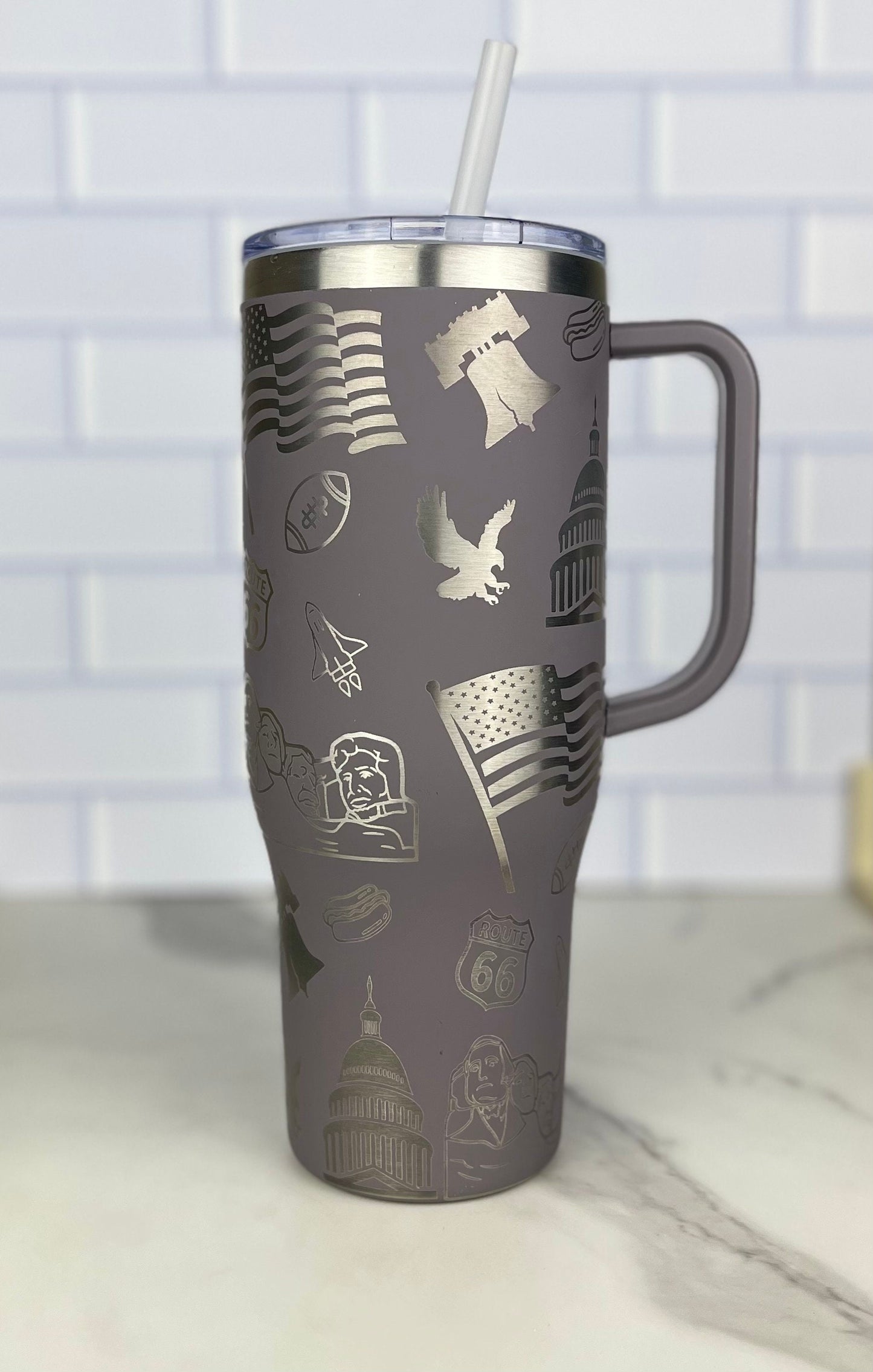 Patriotic Laser Engraved 40oz Tumbler - American Flag, Capital, Bald Eagle, Football - USA Independence Day Gift - America-Themed Cup