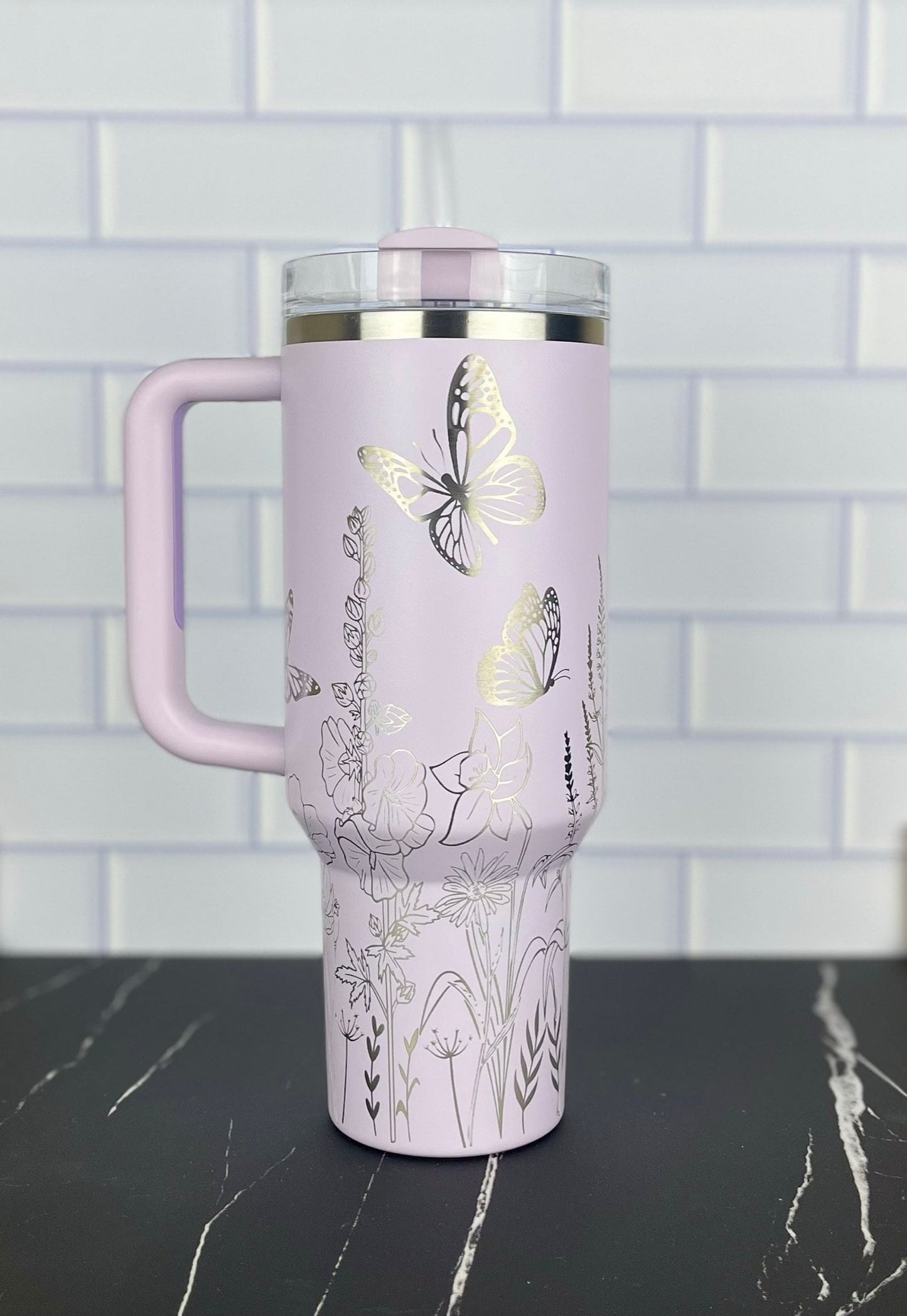 Stanley 40oz Laser Engraved Quencher Butterfly Tumbler Gift for Her Stanley Sun Flower Garden Theme