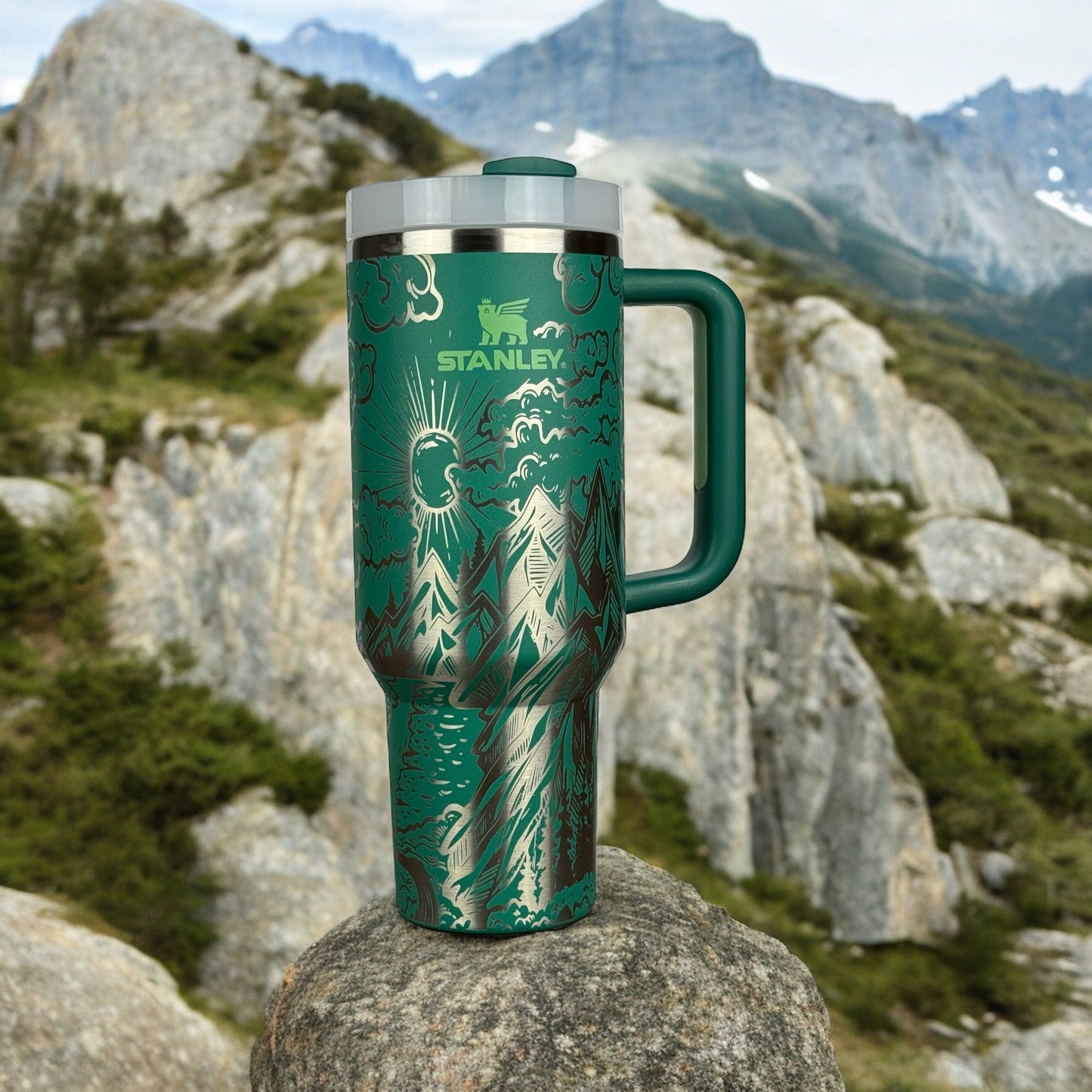 Engraved 40oz Stanley Quencher Tumbler - Nature Themed Design, Mountain Lover Tumbler, Camping Gift