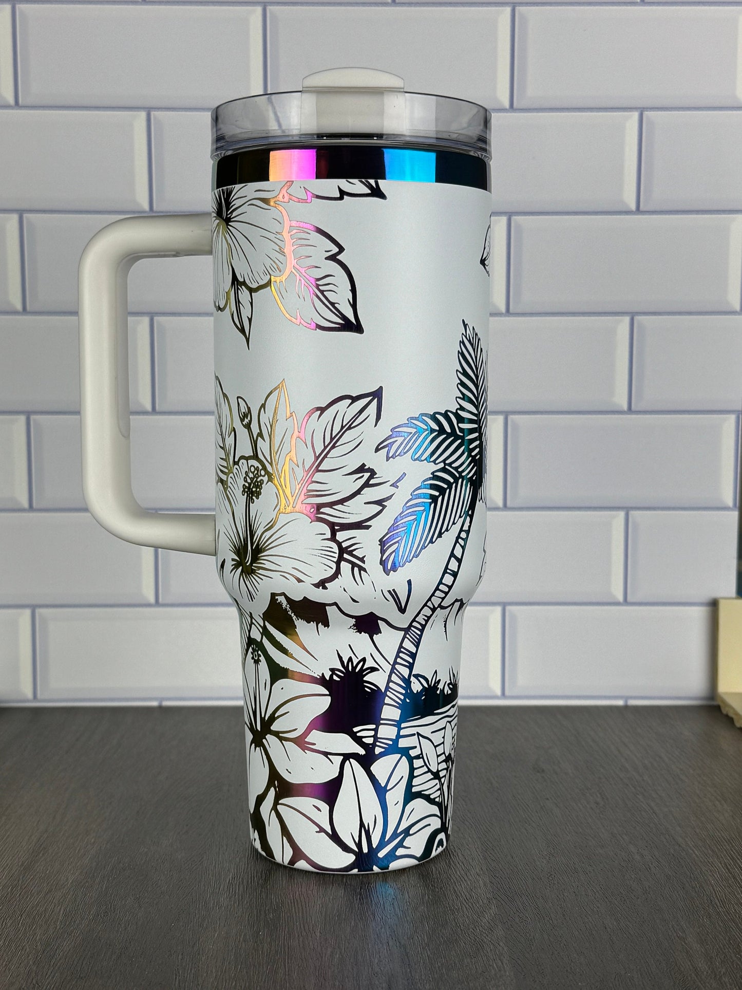 Tropical Ocean Theme 40oz Stanley And Dupe Tumbler, Hibiscus, Hawaii Cup Vacation Water Cup, Gift For Her