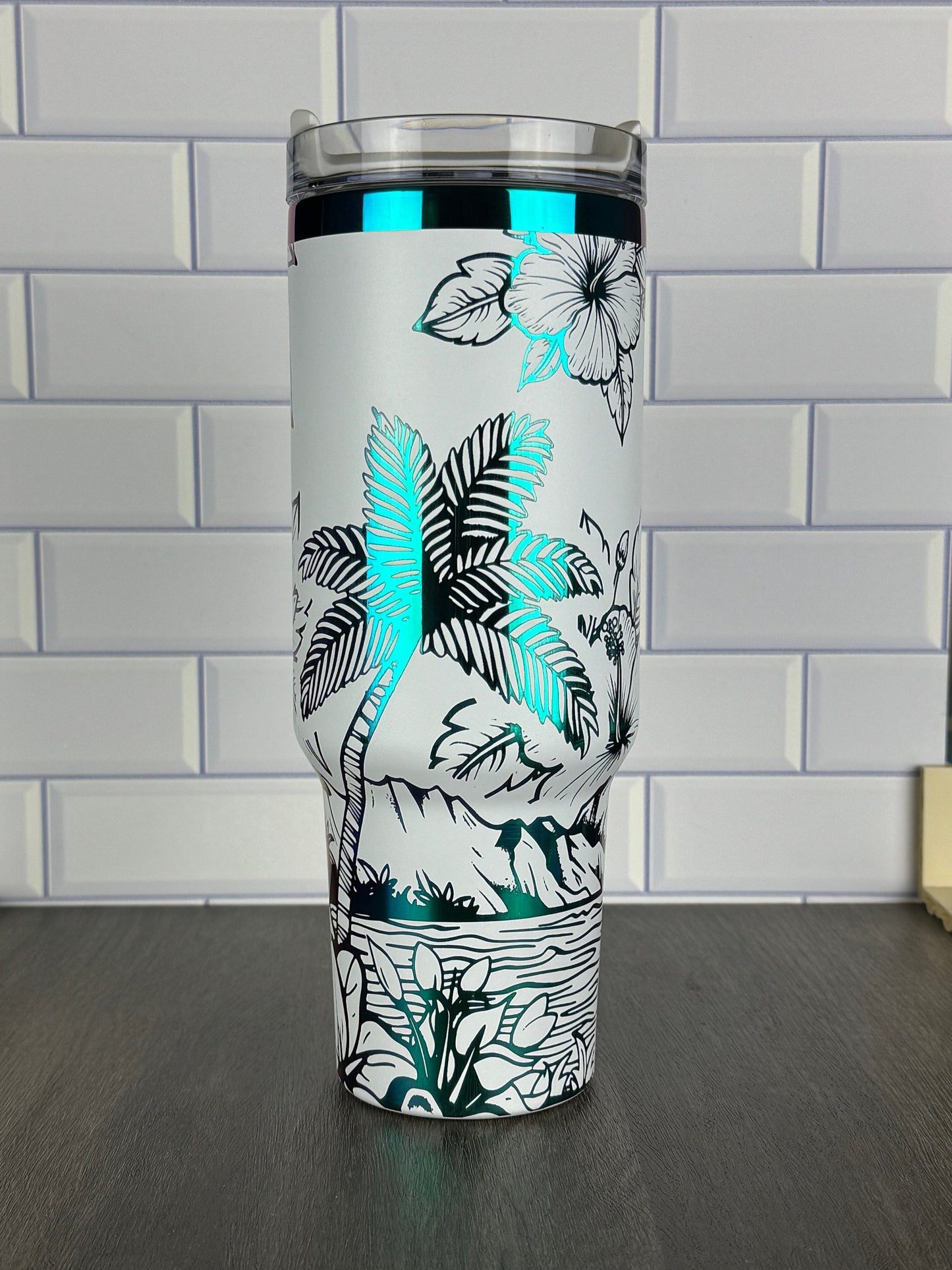 Tropical Ocean Theme 40oz Stanley And Dupe Tumbler, Hibiscus, Hawaii Cup Vacation Water Cup, Gift For Her
