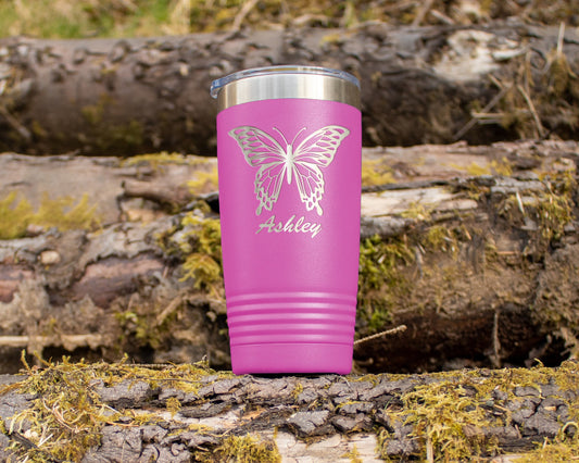 Custom Butterfly Laser Engraved Tumbler, Personalized Insulated Stainless Steel Drinkware