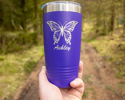 Custom Butterfly Laser Engraved Tumbler, Personalized Insulated Stainless Steel Drinkware
