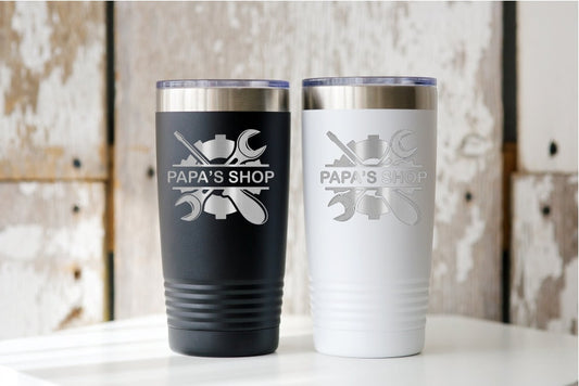 Personalized 20oz Laser Engraved Tumbler - Papa's Shop Father's Day Gift - Garage Tools Design