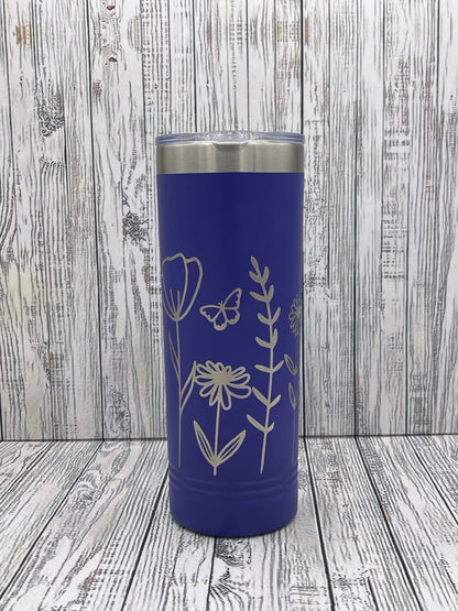 Wildflower 22oz Skinny Tumbler - 360 degree laser engraved wrap - Gift For Her