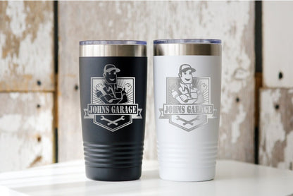 Personalized 20oz Mechanic Theme Tumbler | Dad's Garage Gift | Laser Engraved Powder Coated Cup