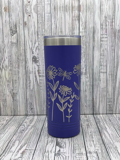 Wildflower 22oz Skinny Tumbler - 360 degree laser engraved wrap - Gift For Her