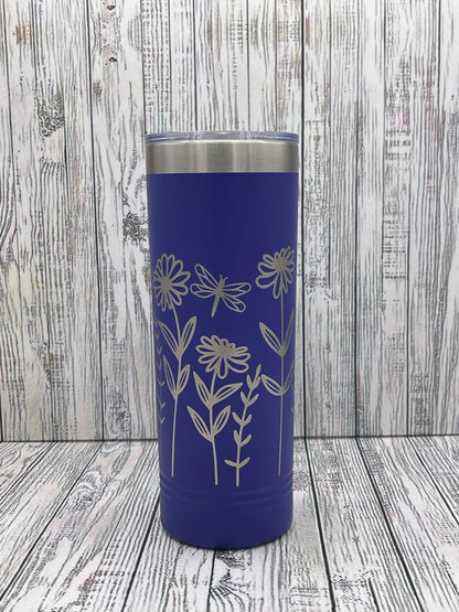 Wildflower 22oz Skinny Tumbler - 360 degree laser engraved wrap - Gift For Her