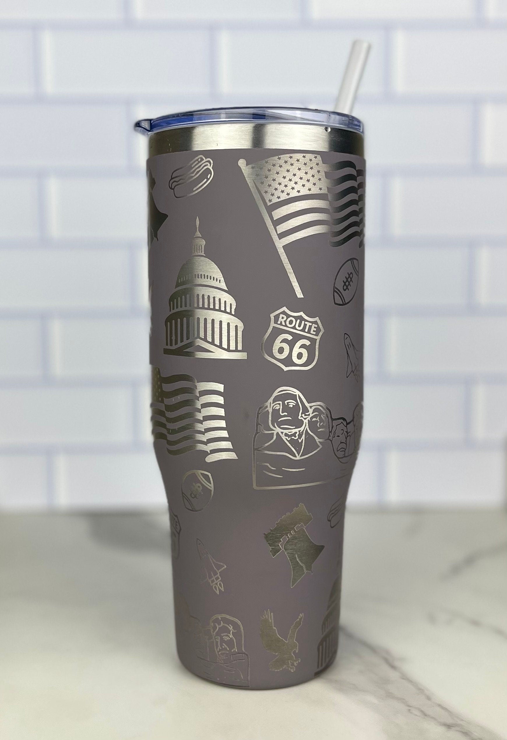 Patriotic Laser Engraved 40oz Tumbler - American Flag, Capital, Bald Eagle, Football - USA Independence Day Gift - America-Themed Cup