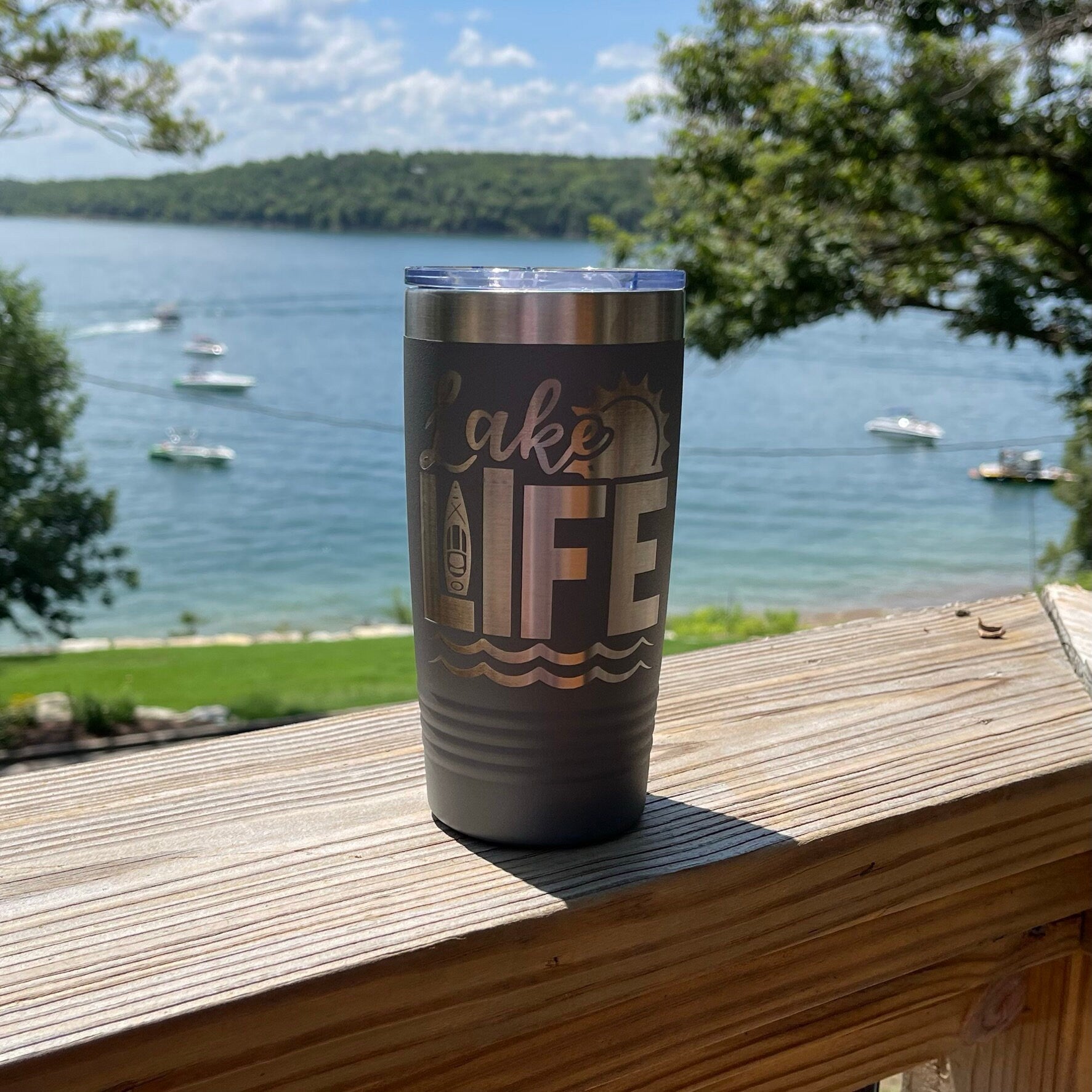 Customized Lake Themed 20oz Tumbler, Perfect Gift for a Lake Lover, Laser Engraved Lake Design for Outdoor Enthusiasts