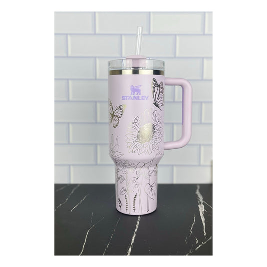 Stanley 40oz Laser Engraved Quencher Butterfly Tumbler Gift for Her Stanley Sun Flower Garden Theme