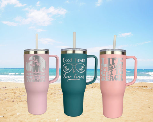 Custom Beach Tumbler 40oz With a Handle, Vacation Cup with Lid and Straw, Laser Engraved Travel Mug, Perfect Water Bottle Gift for Her