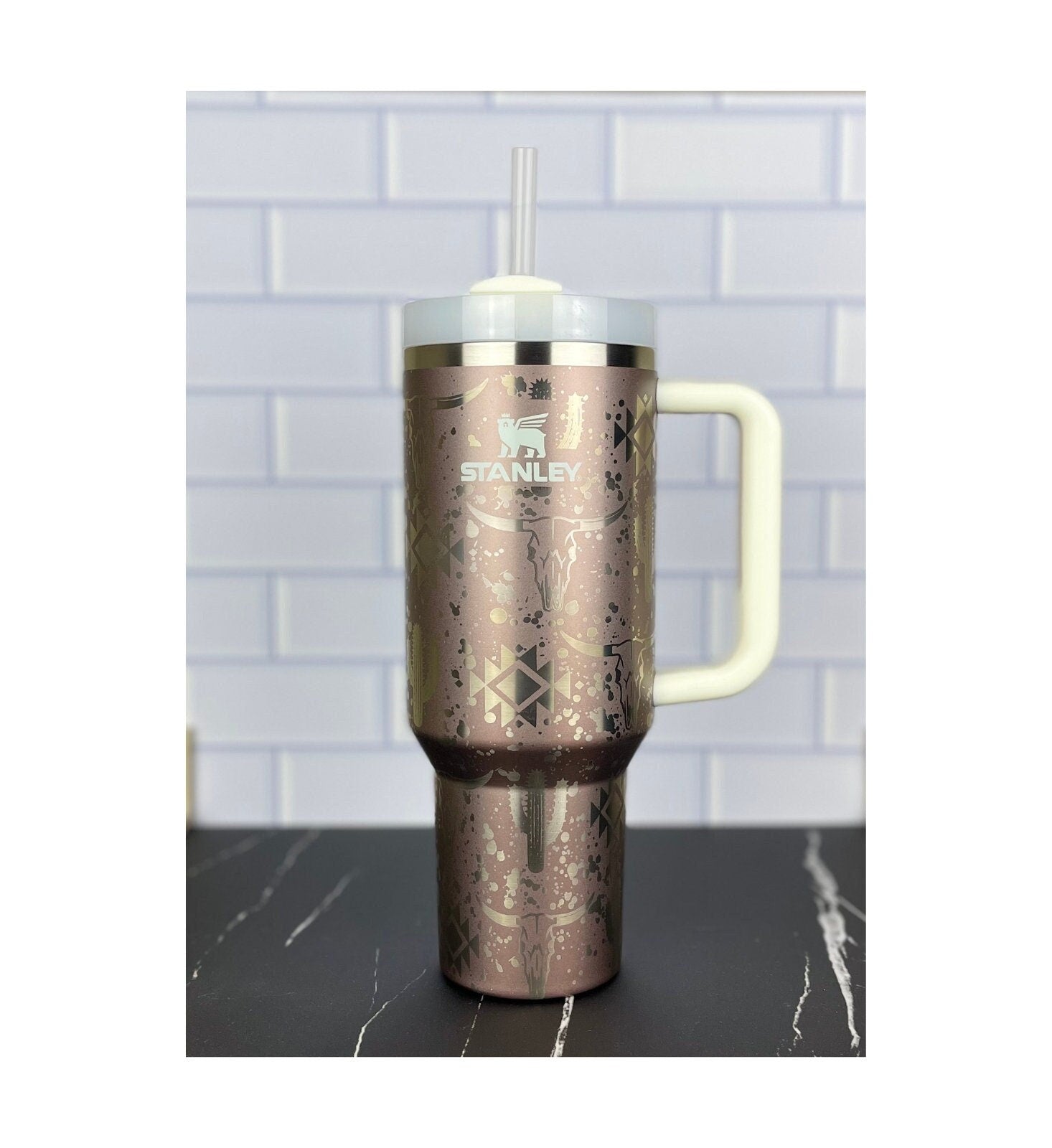 40oz Stanley Quencher Tumbler Western Aztec 360 Wrap Design, Laser Engraved Gift for Her Stanley TikTok Cup