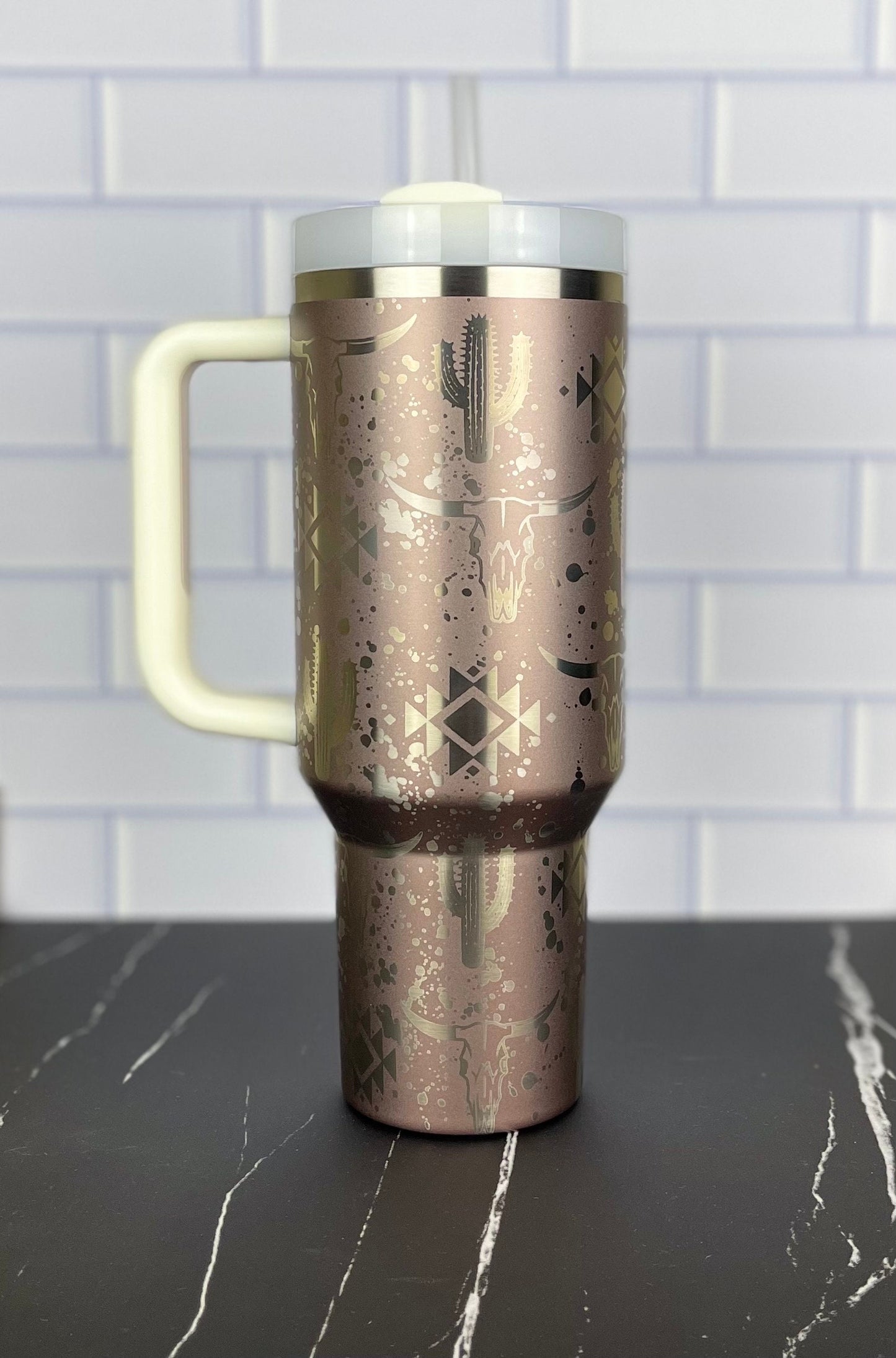 40oz Stanley Quencher Tumbler Western Aztec 360 Wrap Design, Laser Engraved Gift for Her Stanley TikTok Cup