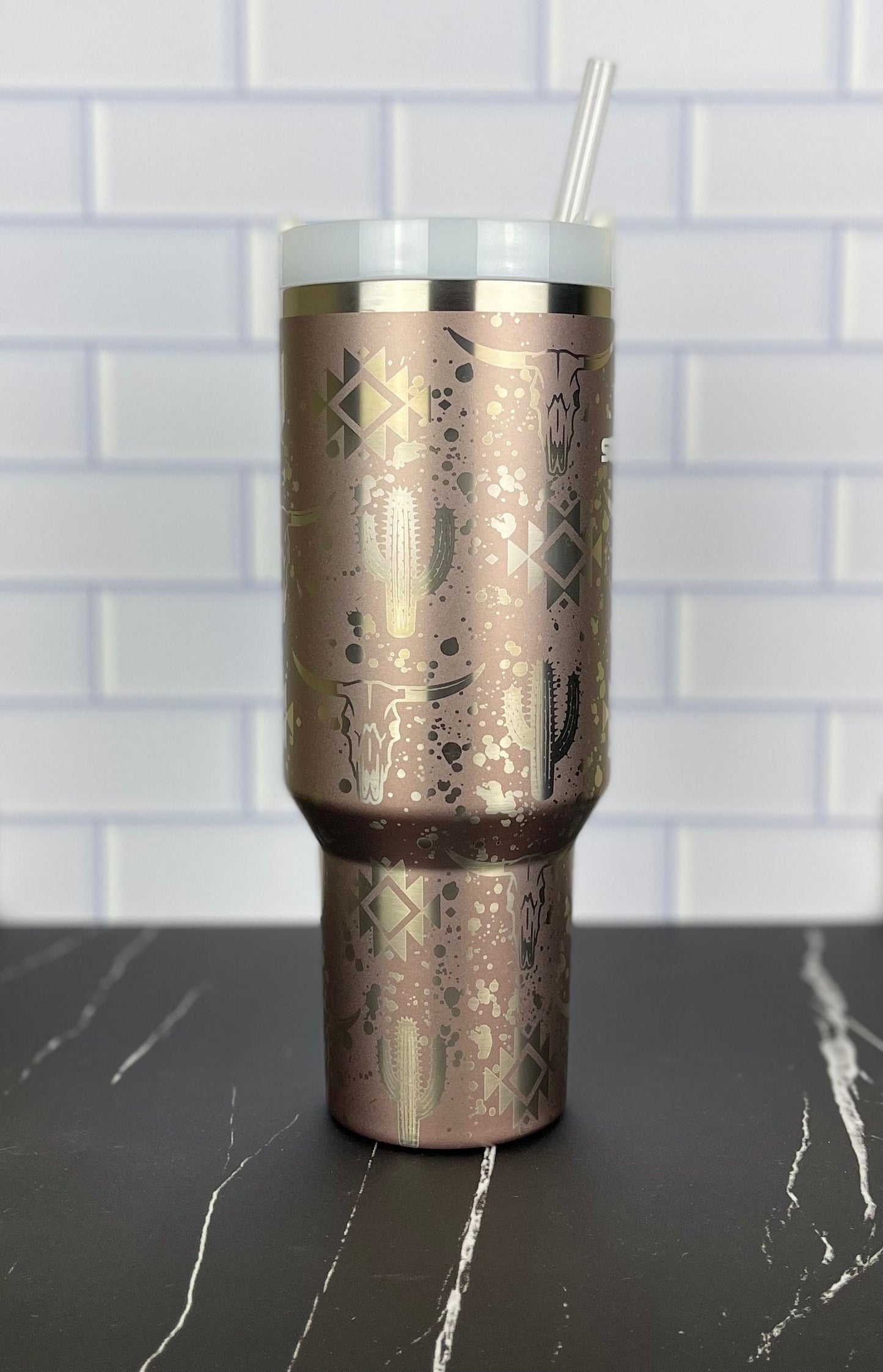 40oz Stanley Quencher Tumbler Western Aztec 360 Wrap Design, Laser Engraved Gift for Her Stanley TikTok Cup