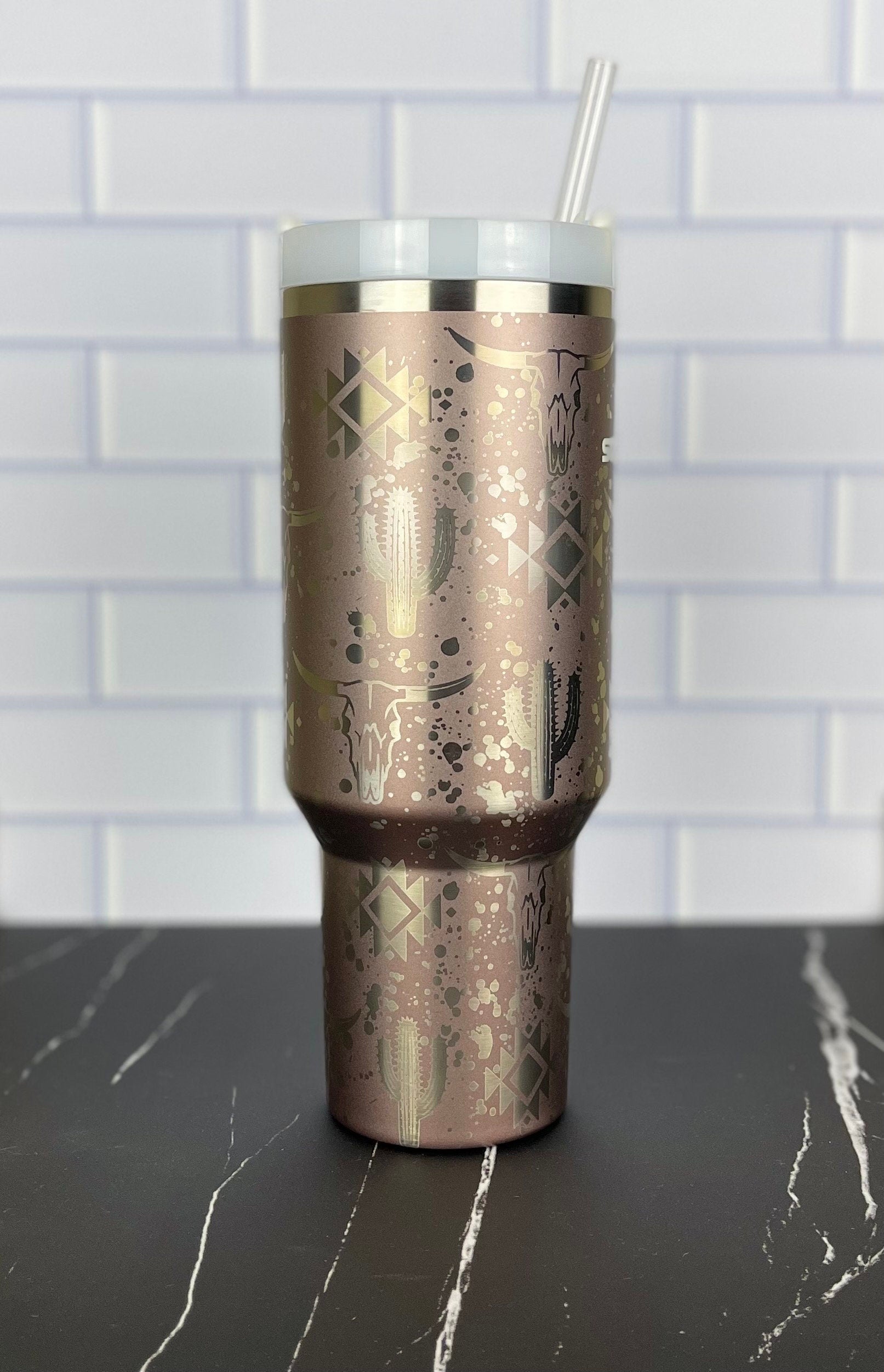 40oz Stanley Quencher Tumbler Western Aztec 360 Wrap Design, Laser Engraved Gift for Her Stanley TikTok Cup