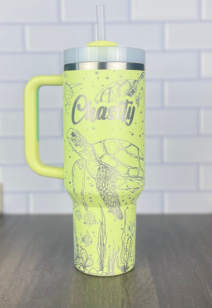 40oz Stanley Quencher Tumbler Under The Sea 360 Wrap Design, Sea Turtle Laser Engraved Gift for Her Stanley TikTok Cup