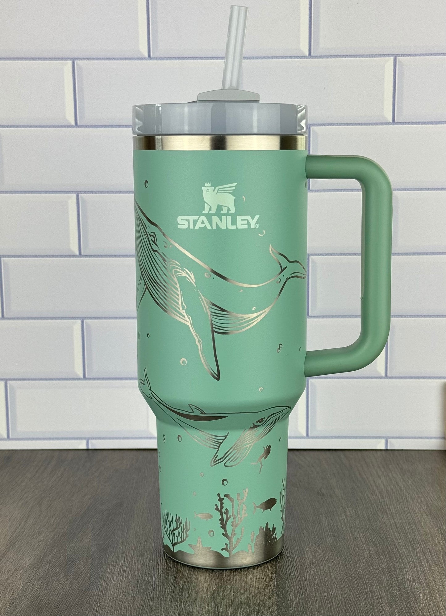 40oz Stanley Quencher Tumbler Whale 360 Wrap Design, Whale themed Laser Engraved Gift for Her Stanley TikTok Cup