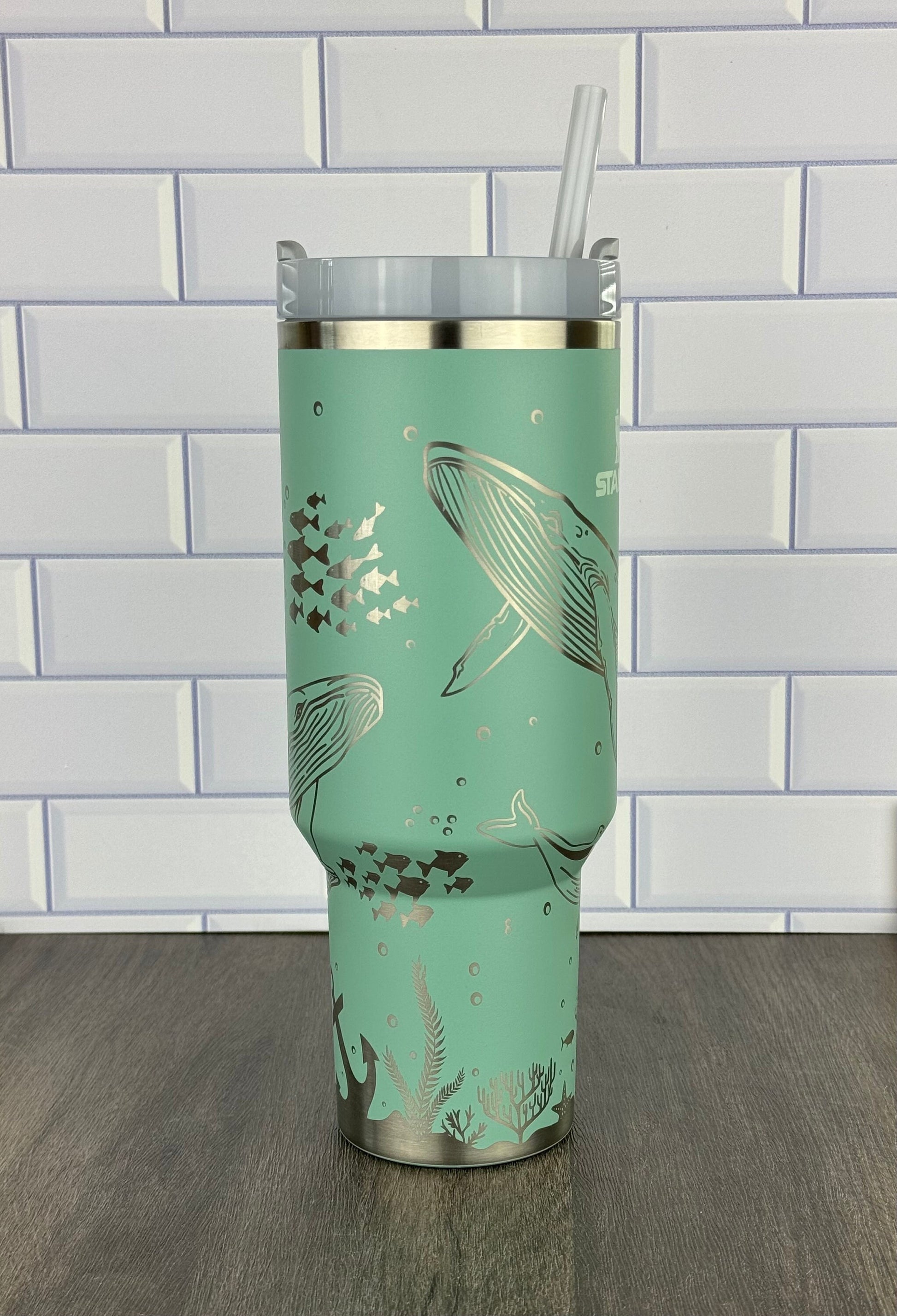 40oz Stanley Quencher Tumbler Whale 360 Wrap Design, Whale themed Laser Engraved Gift for Her Stanley TikTok Cup