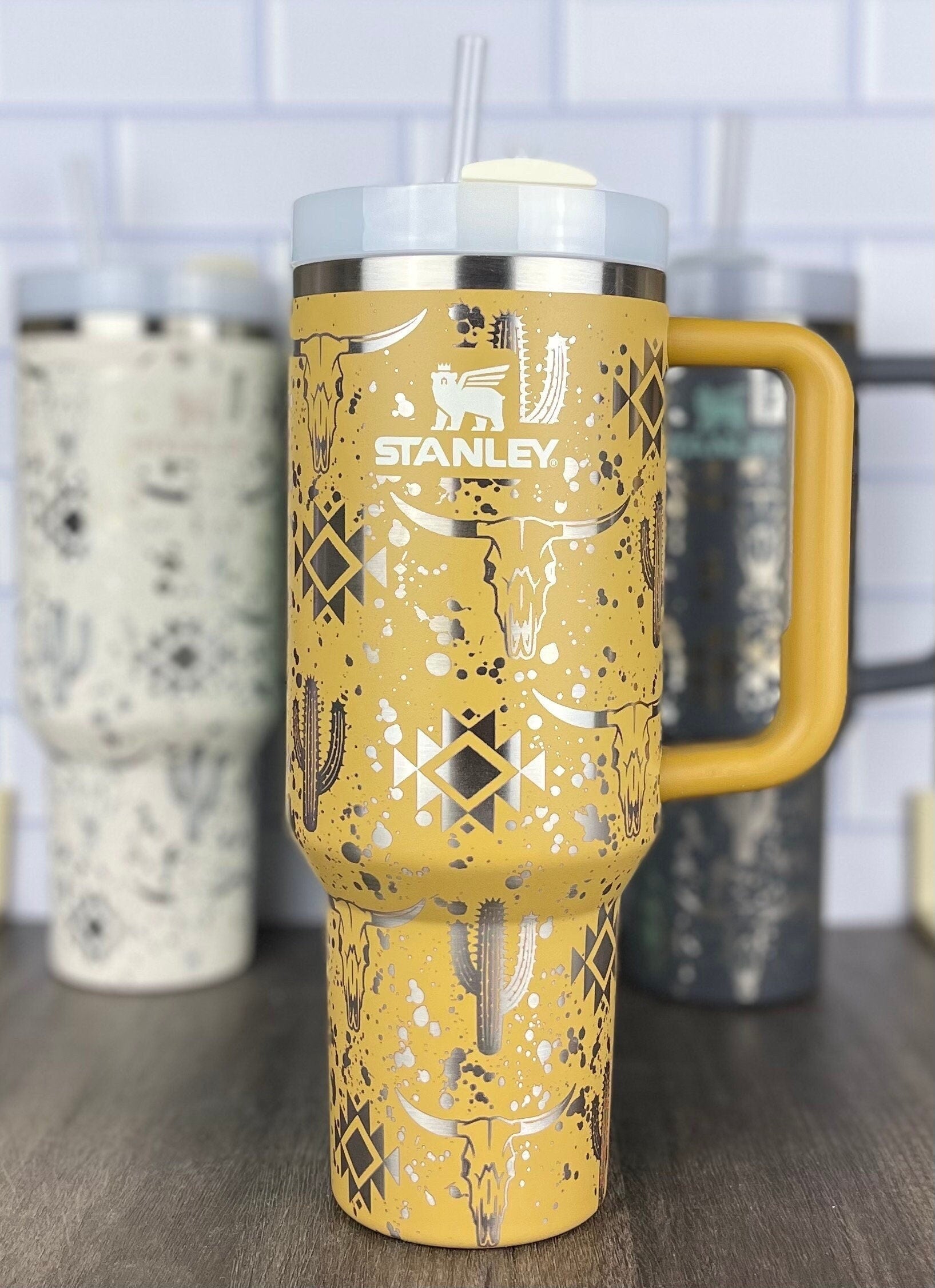40oz Stanley Quencher Tumbler Western Aztec Design, Laser Engraved Gift for Her Stanley TikTok Cup, Mothers Day Gift