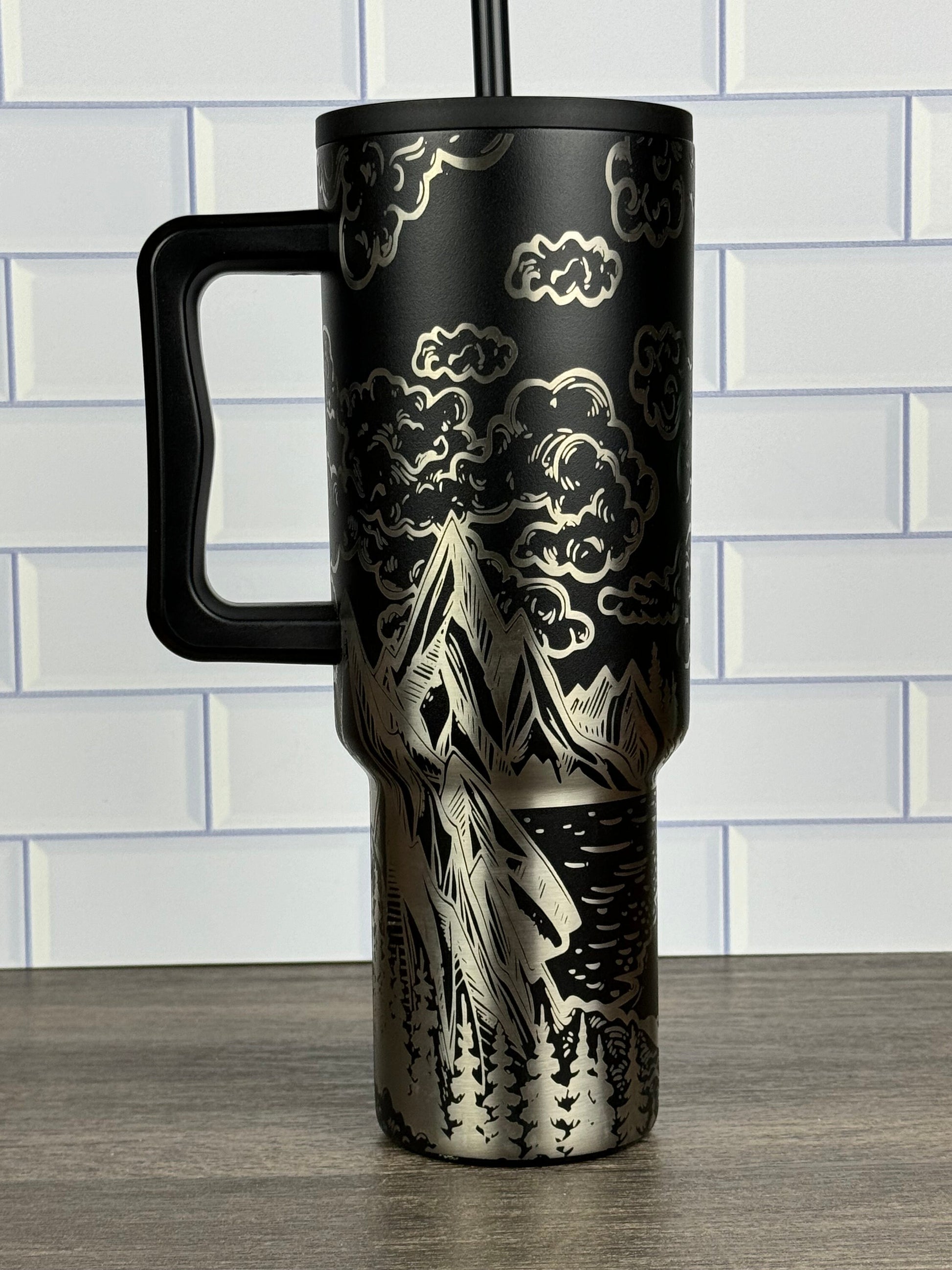 Engraved 40oz Simple Modern Trek Tumbler Nature Themed Design, Mountain Lover Cup, Camping Tumbler