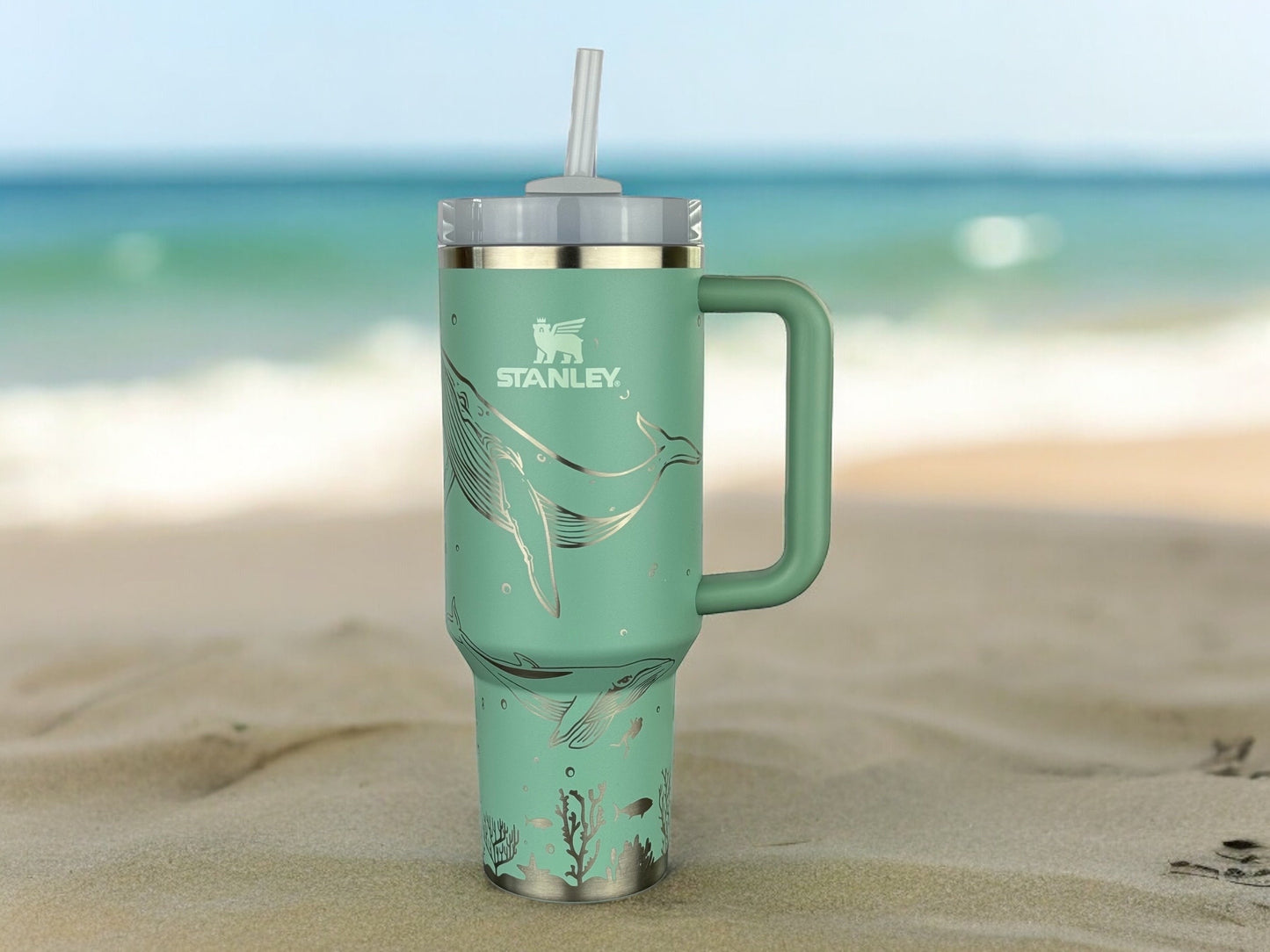40oz Stanley Quencher Tumbler Whale 360 Wrap Design, Whale themed Laser Engraved Gift for Her Stanley TikTok Cup