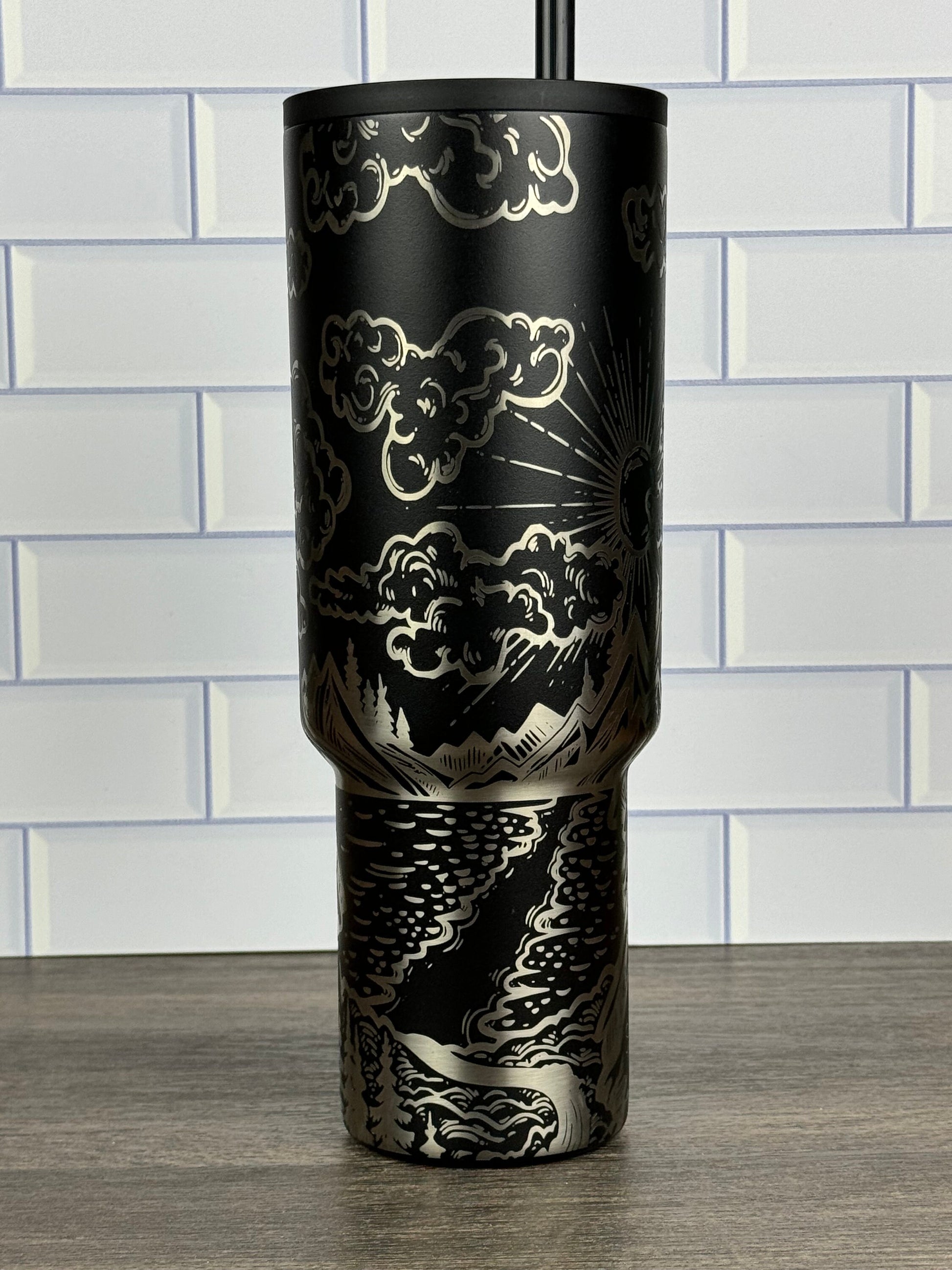 Engraved 40oz Simple Modern Trek Tumbler Nature Themed Design, Mountain Lover Cup, Camping Tumbler