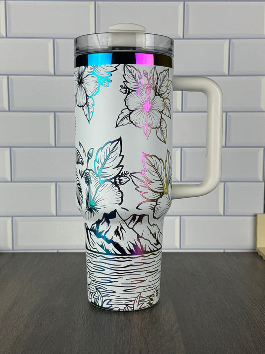 Tropical Ocean Theme 40oz Stanley And Dupe Tumbler, Hibiscus, Hawaii Cup Vacation Water Cup, Gift For Her