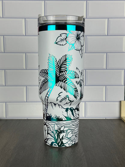 Tropical Ocean Theme 40oz Stanley And Dupe Tumbler, Hibiscus, Hawaii Cup Vacation Water Cup, Gift For Her