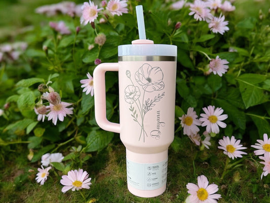 Birthflower Stanley, Laser Engraved Tumbler, Multiple Size Options, Bridesmaid Gift, Birthday Gift, Birth Month Flower