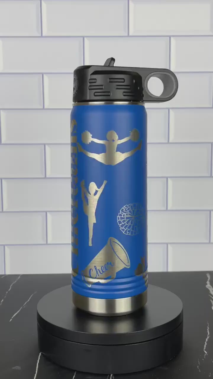 Personalized Cheerleading Water Bottle, Custom Laser Engraved 20oz Cheer Tumbler, Gift for Cheerleader, School Name Water Bottle