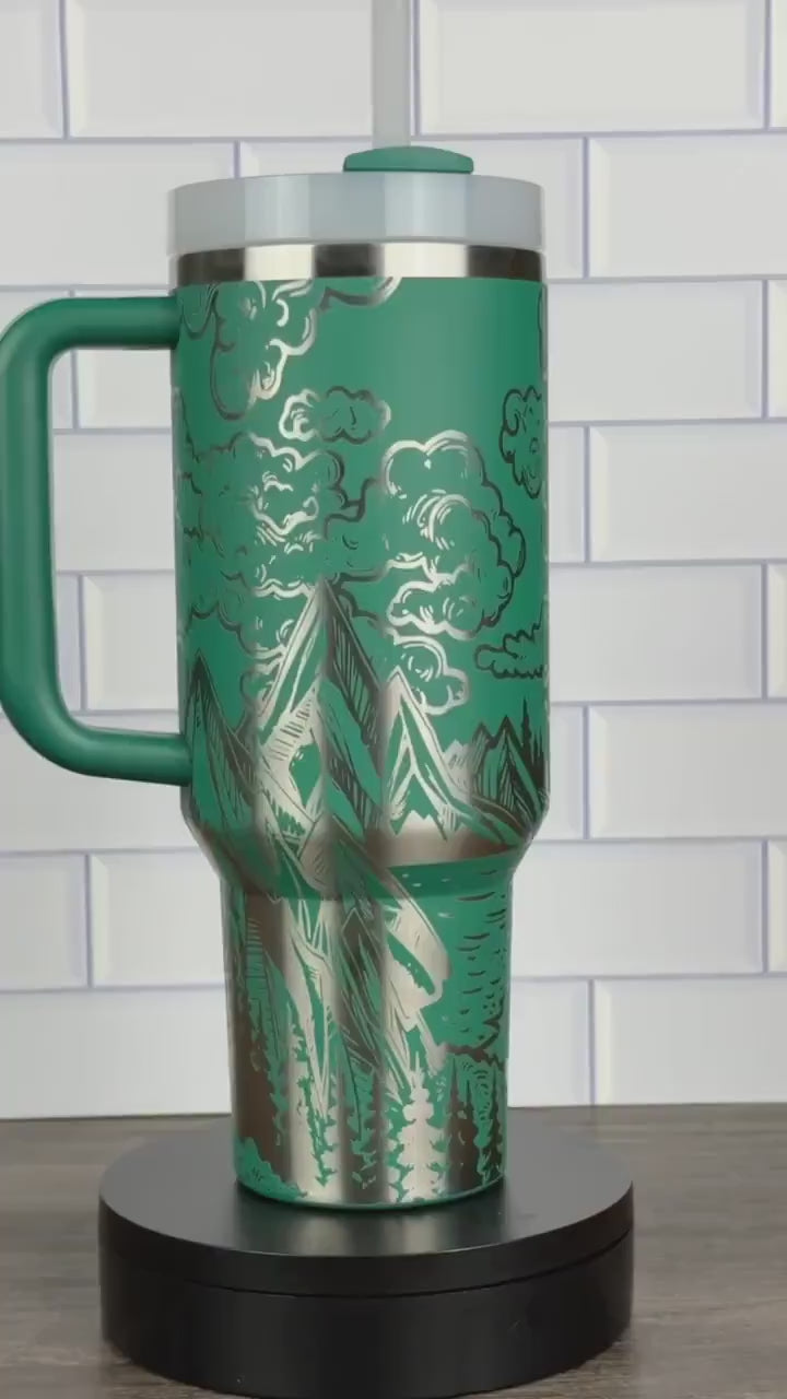 Engraved 40oz Stanley Quencher Tumbler - Nature Themed Design, Mountain Lover Tumbler, Camping Gift