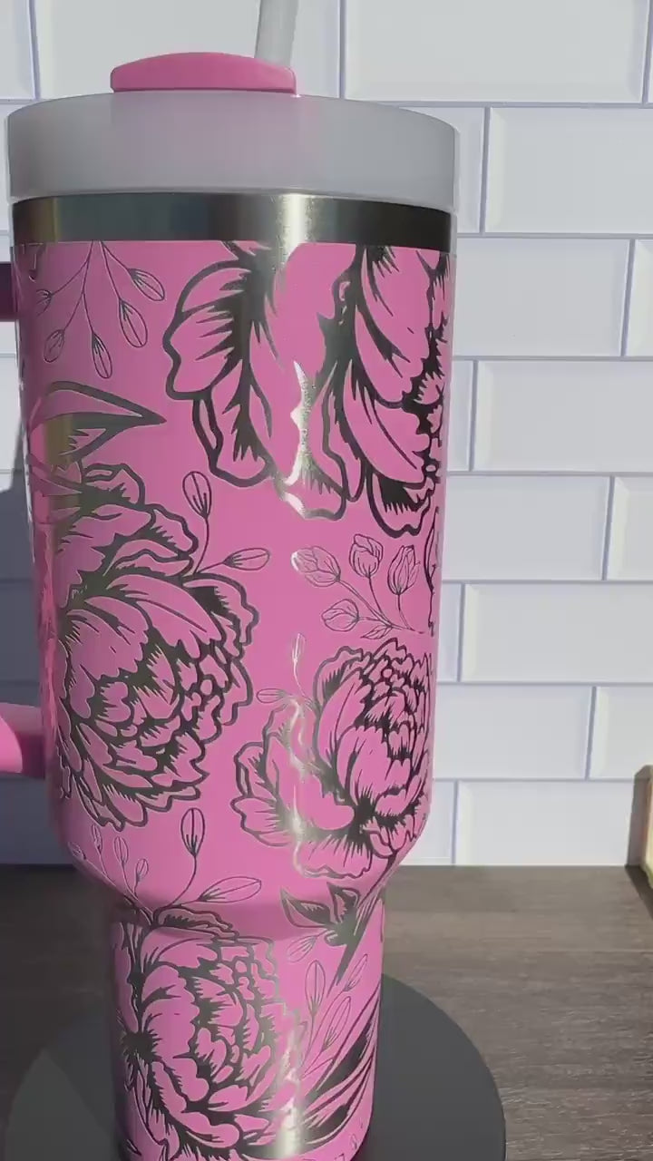 40oz Stanley Quencher Tumbler Peony Flower Desing, Perfect Mother's Day Gift,  Birthday Gift, Gift For Her