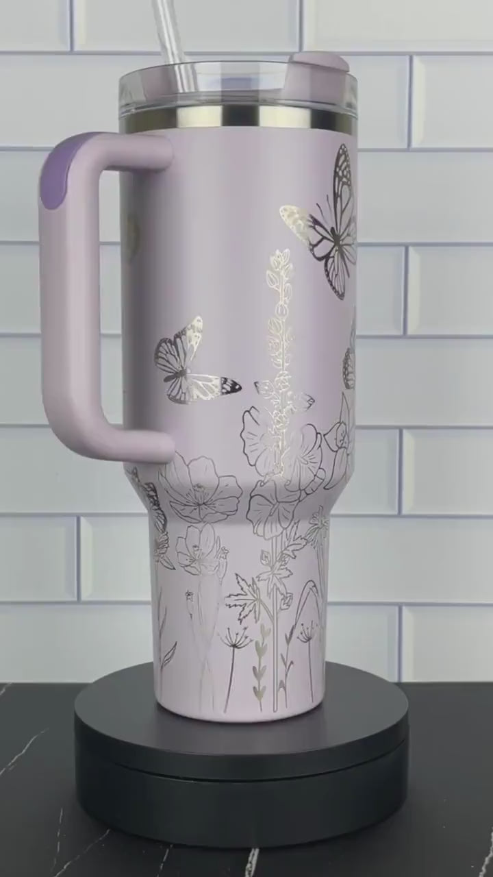 Stanley 40oz  Laser Engraved Quencher Butterfly Tumbler Gift for Her Stanley Sun Flower Garden Theme