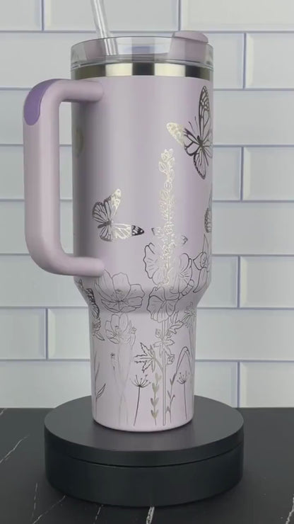 Stanley 40oz  Laser Engraved Quencher Butterfly Tumbler Gift for Her Stanley Sun Flower Garden Theme
