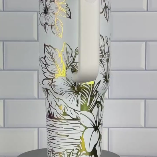 Tropical Ocean Theme 40oz Stanley And Dupe Tumbler, Hibiscus, Hawaii Cup Vacation Water Cup, Gift For Her