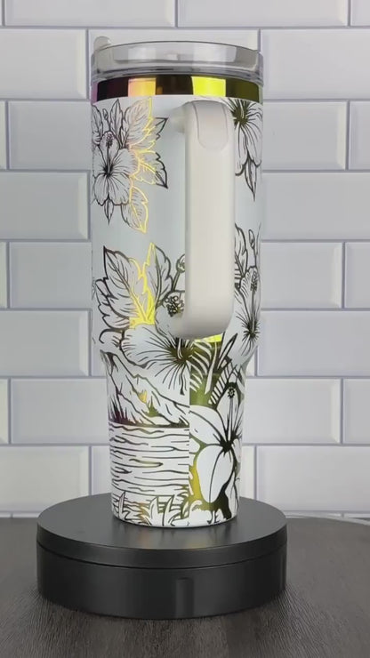Tropical Ocean Theme 40oz Stanley And Dupe Tumbler, Hibiscus, Hawaii Cup Vacation Water Cup, Gift For Her